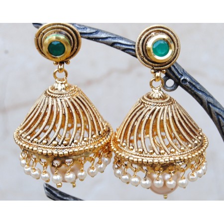 Emerald Studded Pearl Jhumkas